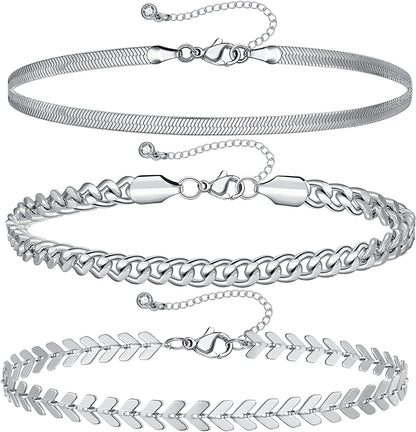 Kissyan Gold Layered Ankle Bracelets for Women, Dainty 14K Gold Plated Layering Anklets Set Adjustable Fashion Cuban Link Snake Tennis Chain Ankles Summer Beach Foot Jewelry Gifts for Women Girls Apparel & Accessories > Jewelry > Anklets KissYan E-Silver  
