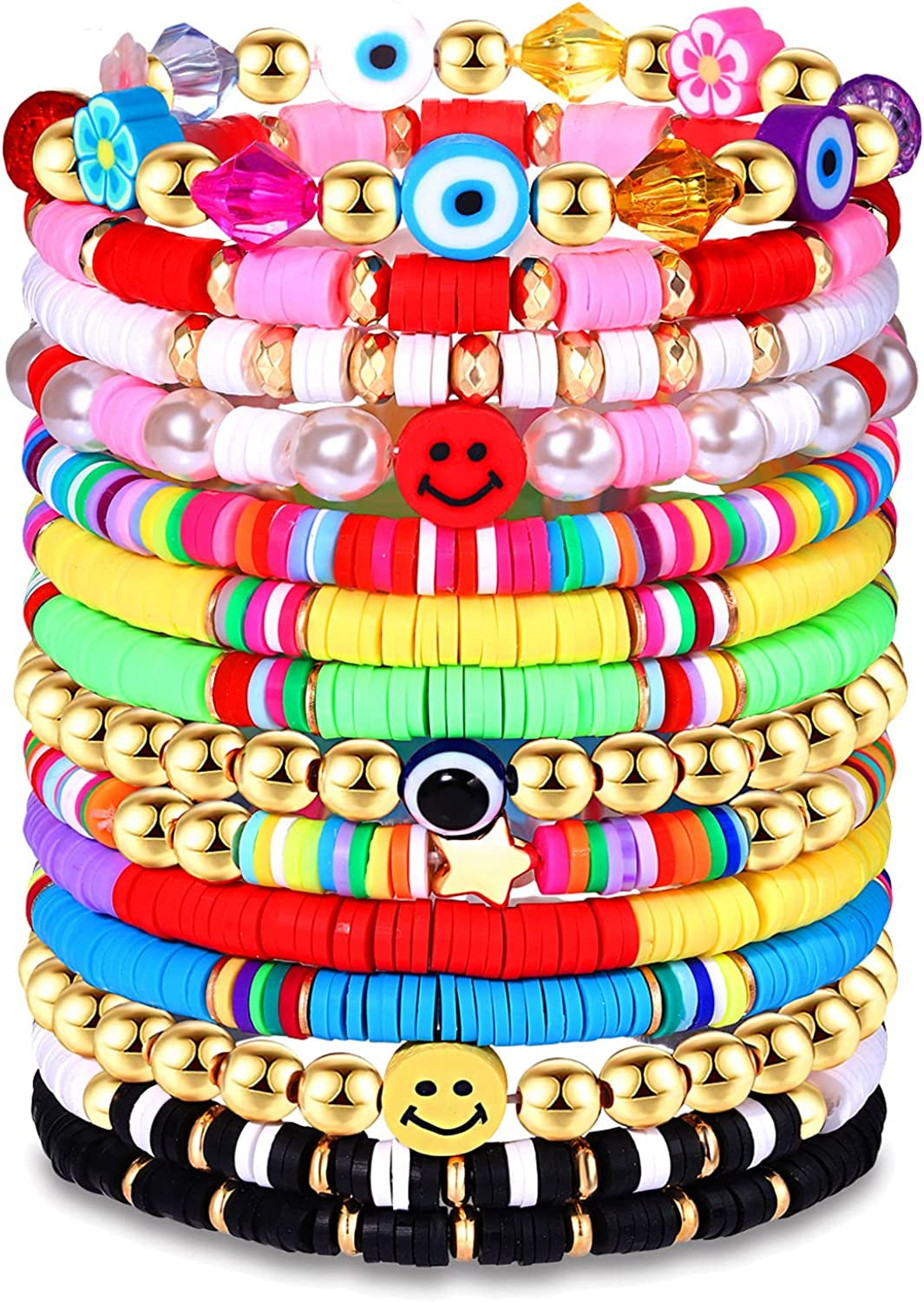 Surfer Heishi Bracelets for Women Stackable Rainbow Vinyl Disc Clay Beaded Stretch Bracelets Elastic Layering Friendship Bracelets Boho Summer Beach Jewelry Apparel & Accessories > Jewelry > Bracelets XOCARTIGE Style G  