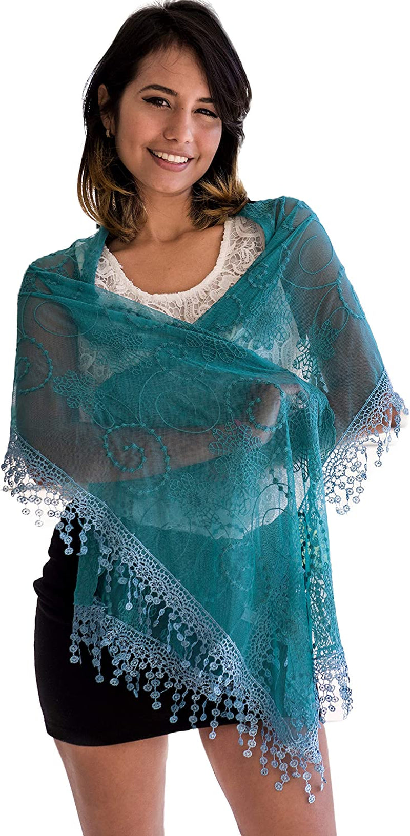 Women'S Lightweight Feminine Lace Teardrop Fringe Lace Scarf Vintage Scarf Mesh Crochet Tassel Cotton Scarf for Women Apparel & Accessories > Clothing Accessories > Scarves & Shawls Tan's Aquamarine  