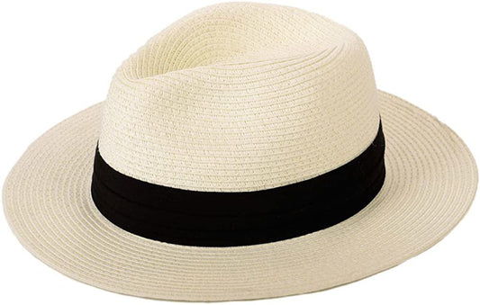 Panama Straw Hats for Women Summer Beach Sun Hat Wide Brim Fedora Cap UPF50+ Apparel & Accessories > Clothing Accessories > Hats KYLIE MAX A01-beige  