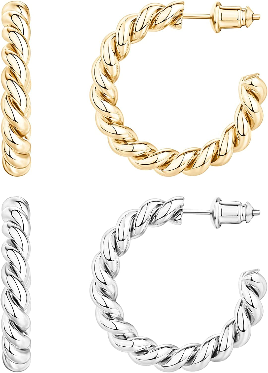 PAVOI 14K Gold Plated 925 Sterling Silver Twisted Rope round Hoop Earrings in Rose Gold, White Gold and Yellow Gold Apparel & Accessories > Jewelry > Earrings PAVOI Pack - Yellow/White 25 Millimeters 