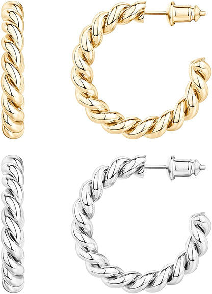 PAVOI 14K Gold Plated 925 Sterling Silver Twisted Rope round Hoop Earrings in Rose Gold, White Gold and Yellow Gold Apparel & Accessories > Jewelry > Earrings PAVOI Pack - Yellow/White 25 Millimeters 