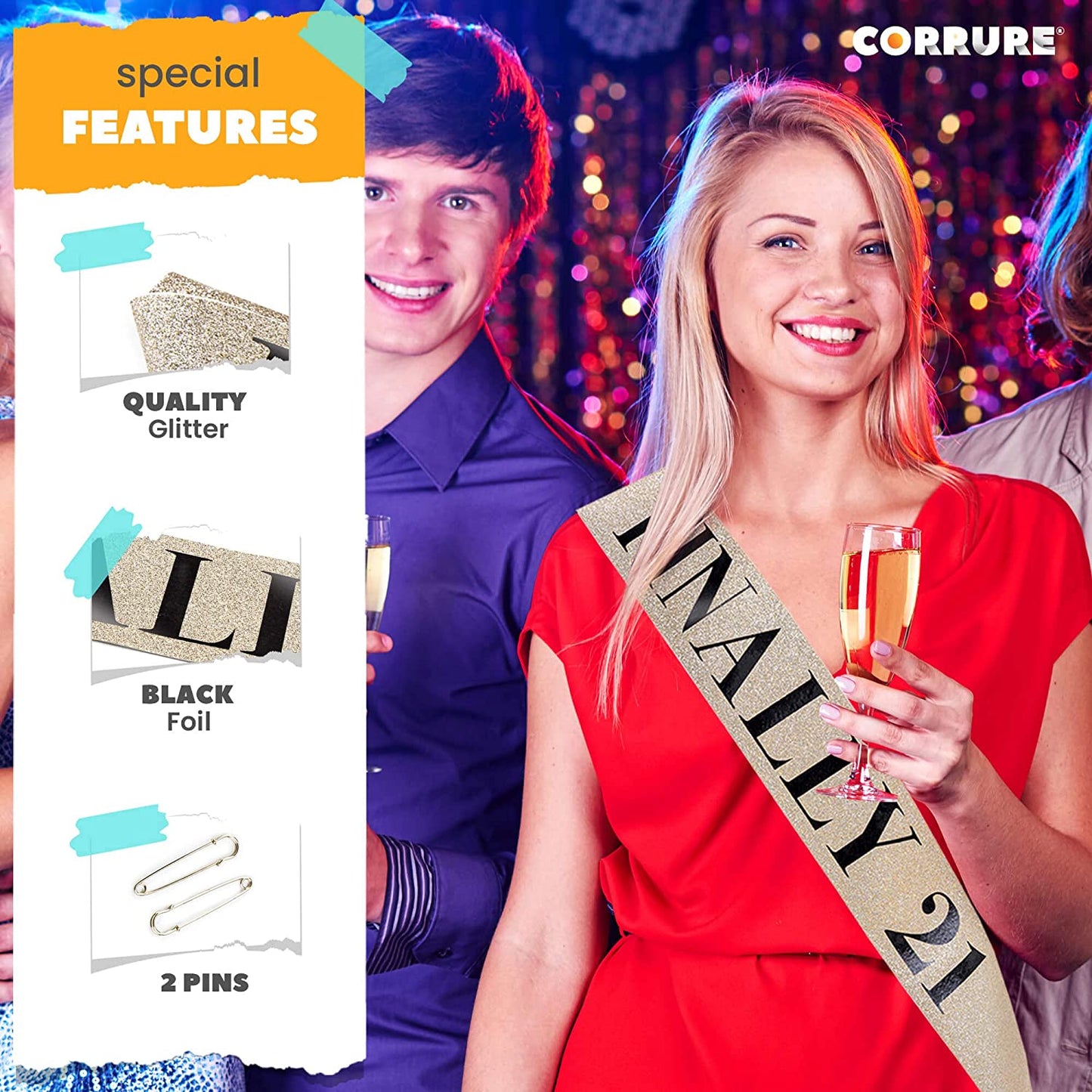 CORRURE 'Finally 21' Birthday Sash with Glitter - Gold Sash with Black Foil 21St Birthday Sash for Men and Women - Ideal Twenty One Sash Party Favors Supplies and Decorations for Your 21 Bday Party Apparel & Accessories > Clothing Accessories > Sashes Pego Brands General   