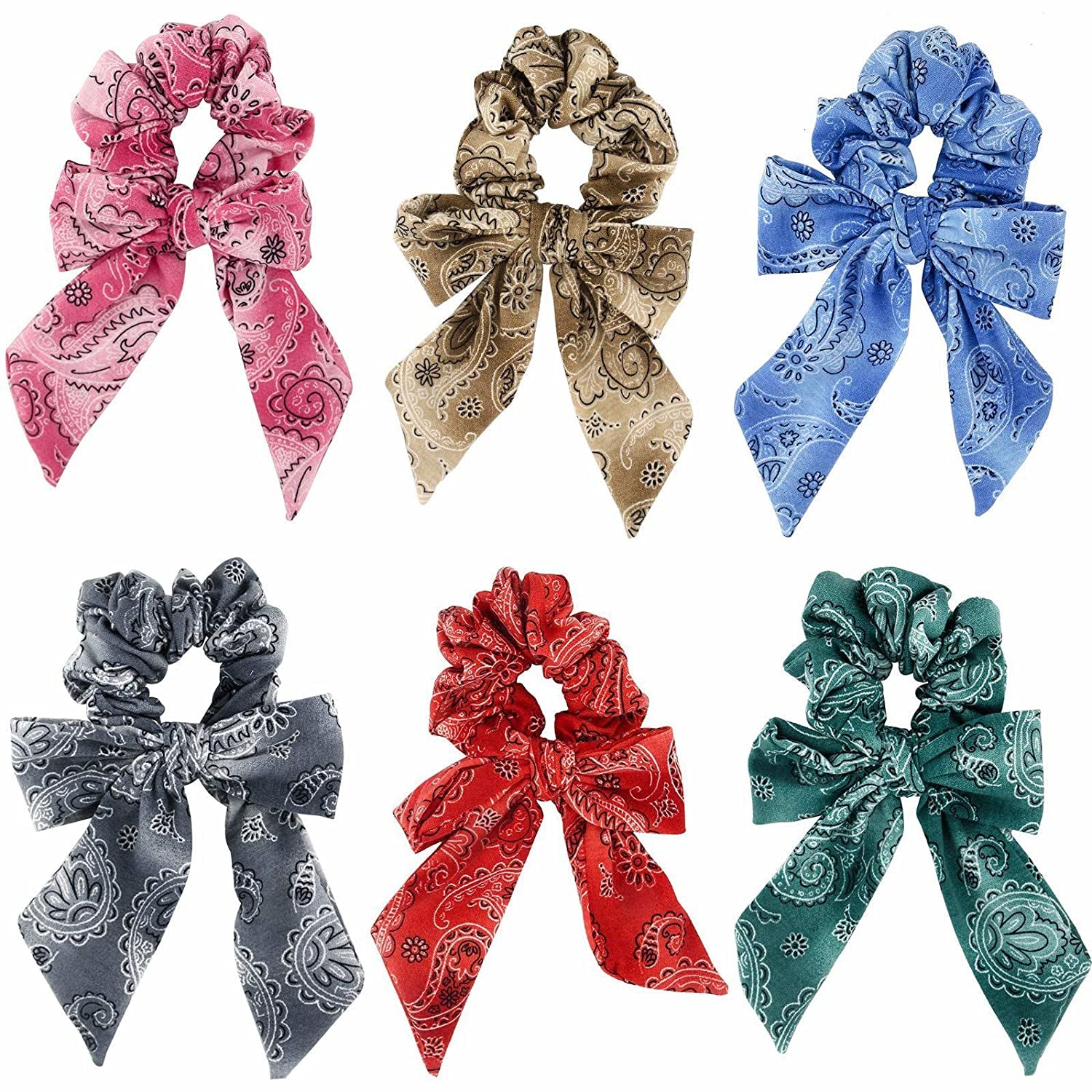 Cutewing Paisley Hair Scrunchies with Bow Hair Scarves Scrunchy Ponytail Holder Elastics Hair Bands Ribbon Hair Tie for Women Girls with 6PCS Apparel & Accessories > Clothing Accessories > Bandanas & Headties Cutewing NO20  