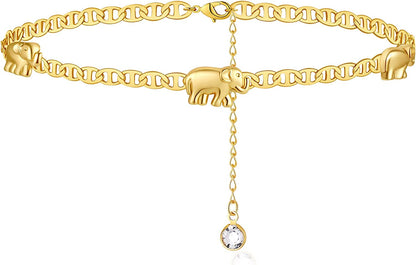 Turandoss Dainty Ankle Bracelets for Women, 14K Gold Filled Handmade Layered Anklet Cute Butterfly Evil Eye Elephant Star Summer Ankle Bracelets for Women Boho Beach Foot Chain Apparel & Accessories > Jewelry > Anklets Turandoss Elephant Flat Marina-Gold  