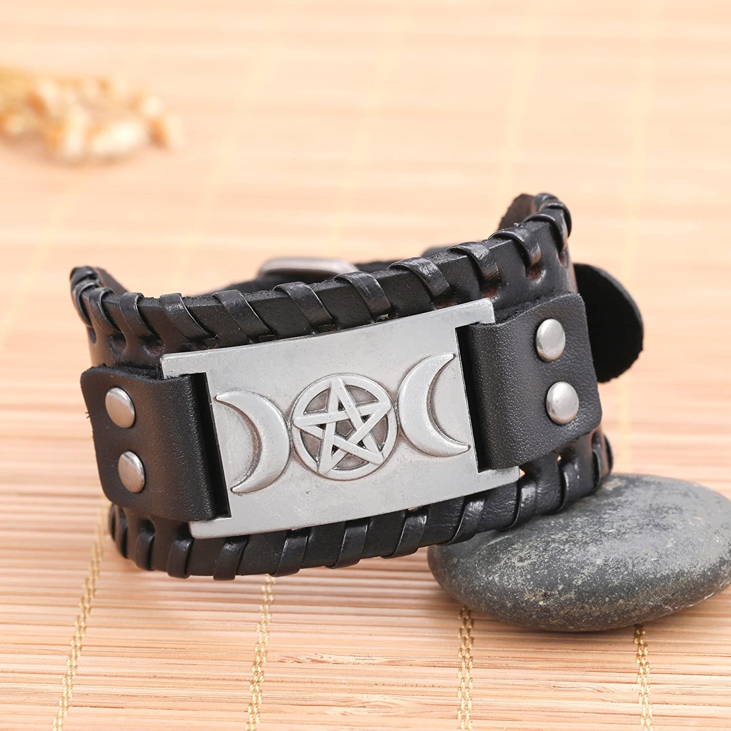 VASSAGO Vintage Pagan Triple Moon Goddess Pentacle Pentagram Metal Amulet Cuff Leather Bracelet Apparel & Accessories > Jewelry > Bracelets YiYou   