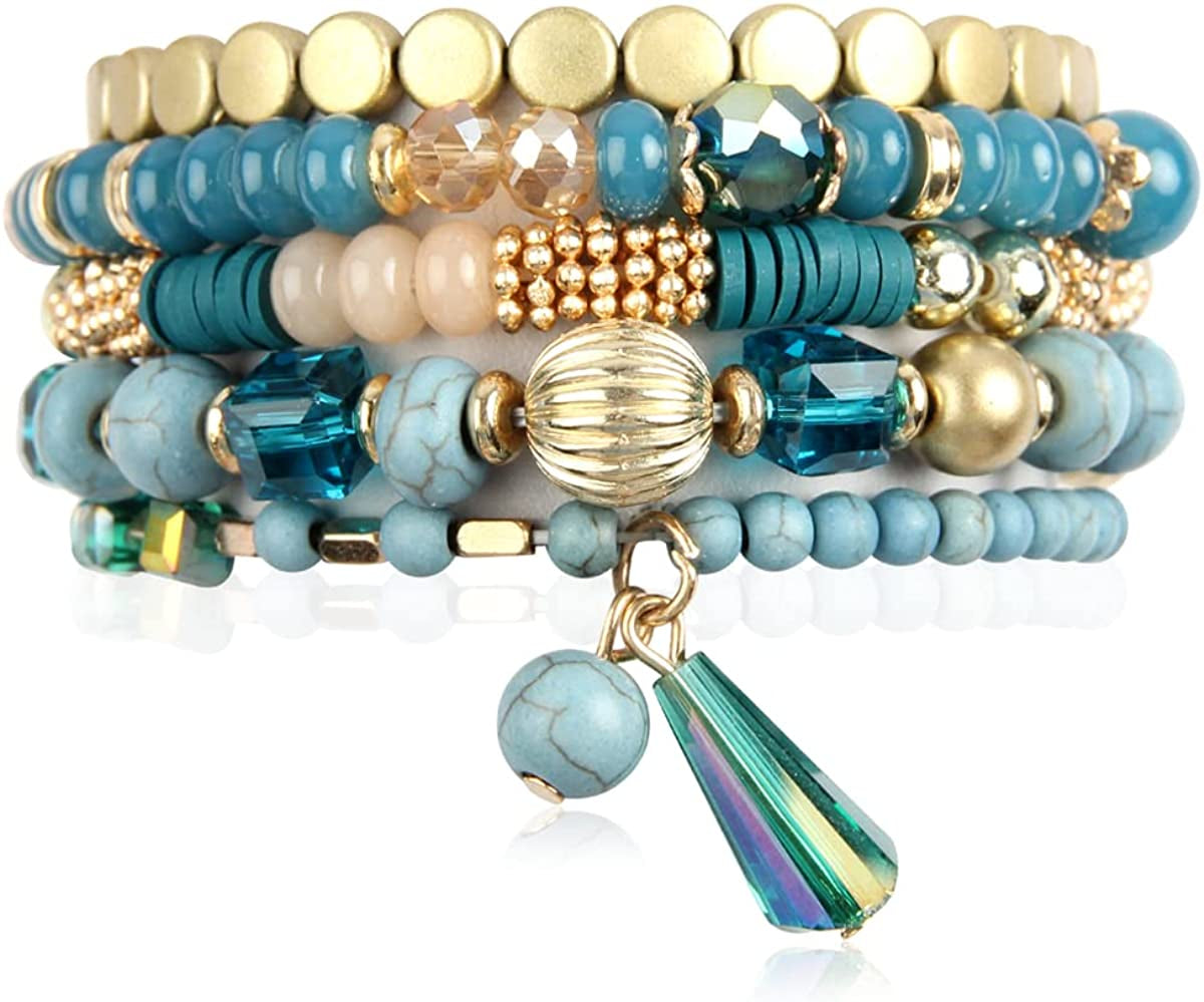 Bohemian Mix Bead Multi Layer Versatile Statement Bracelets - Stackable Beaded Strand Stretch Bangles Sparkly Crystal, Tassel Charm Apparel & Accessories > Jewelry > Bracelets RIAH FASHION Teal  