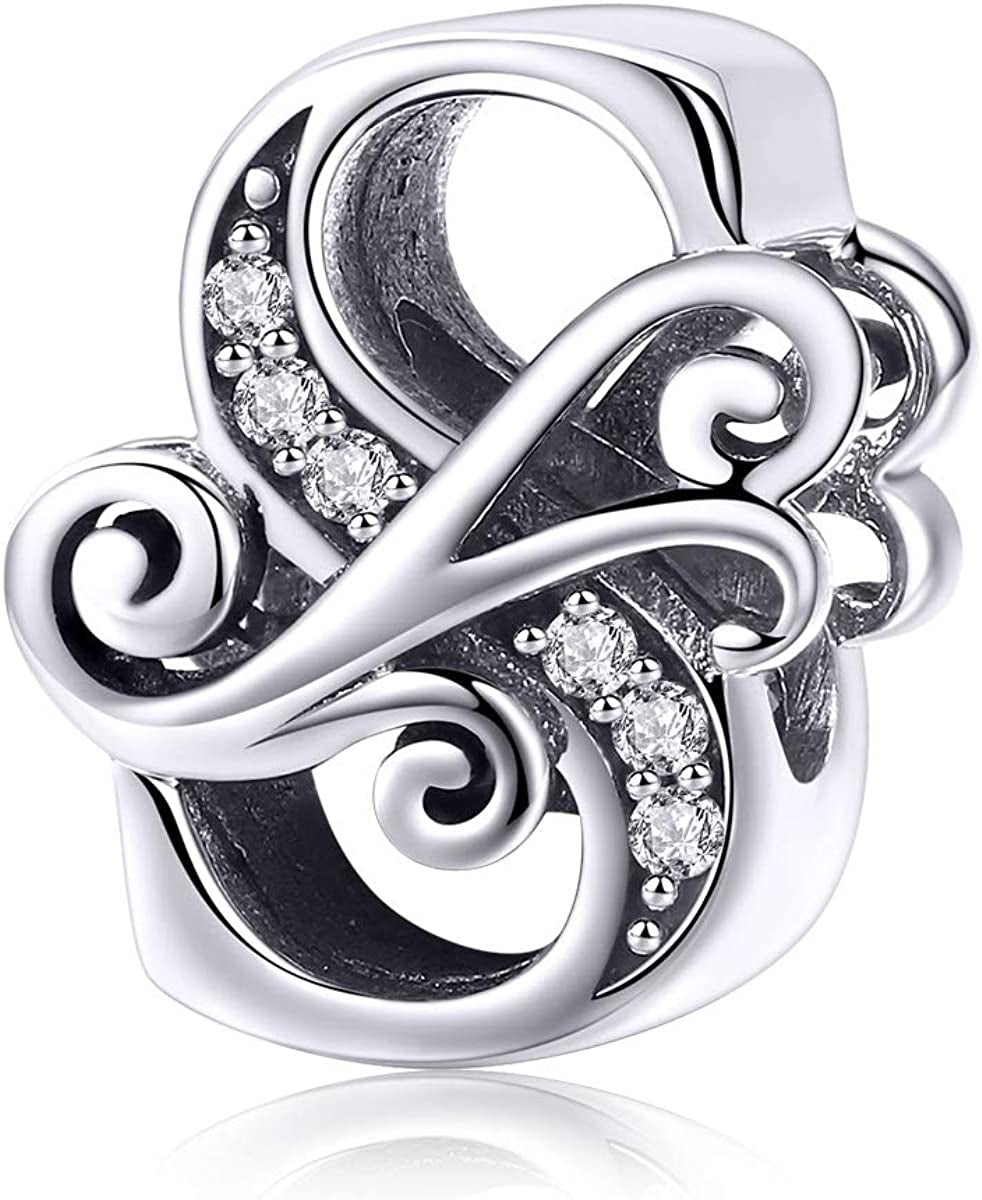 Solid 925 Sterling Silver with Cubic Stones, Complete A~Z Gift Options Alphabet Charm Letter Beads Fit Pandora European Bracelets Apparel & Accessories > Jewelry > Bracelets ABAOLALA ALPHABET S  