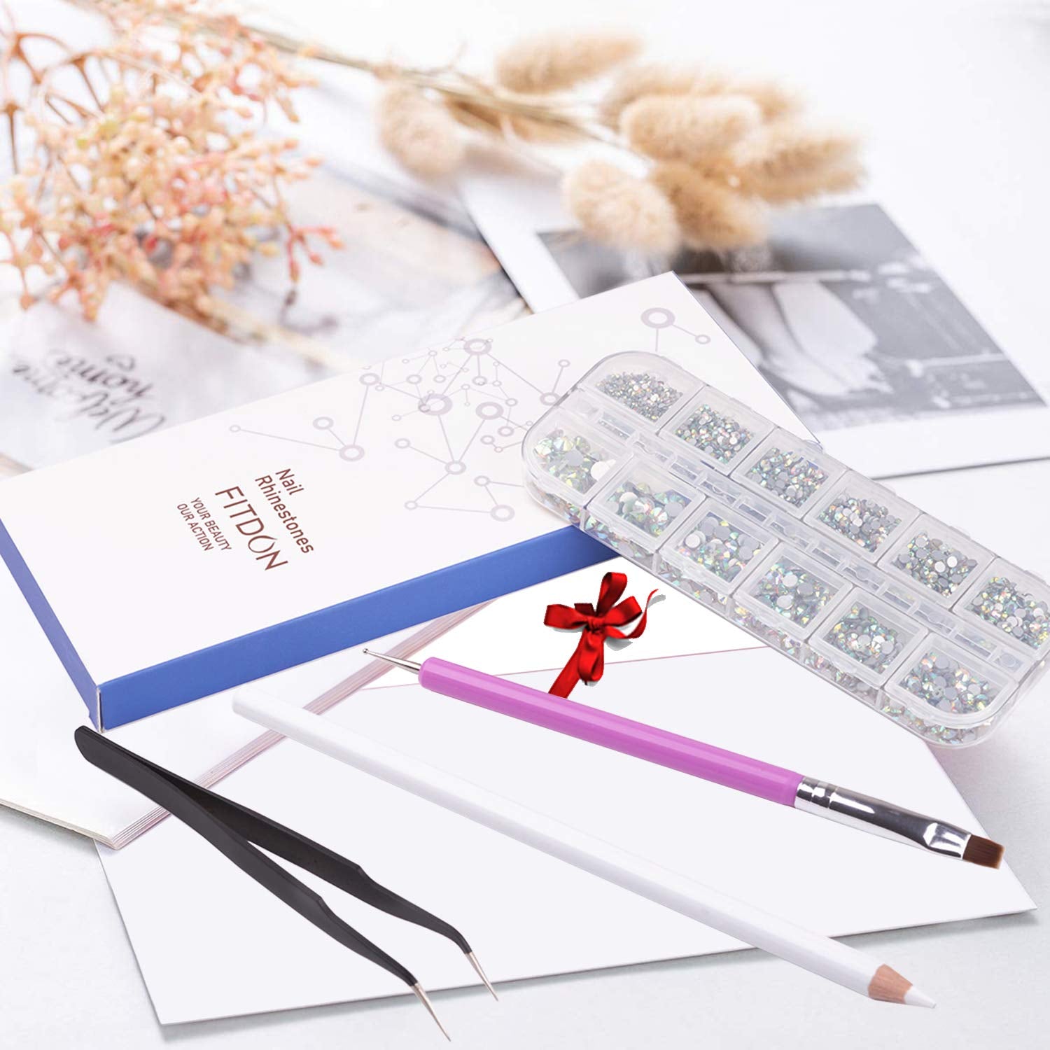 FITDON 3200Pcs Flat Back round Crystal AB Rhinestones Iridescent Glass Charms Nail Stones Gems with Pick up Tweezers Rhinestones Picking Pen Dual-Use Brush Dotting Tools Health & Beauty > Personal Care > Cosmetics > Cosmetic Tools > Nail Tools FITDON   