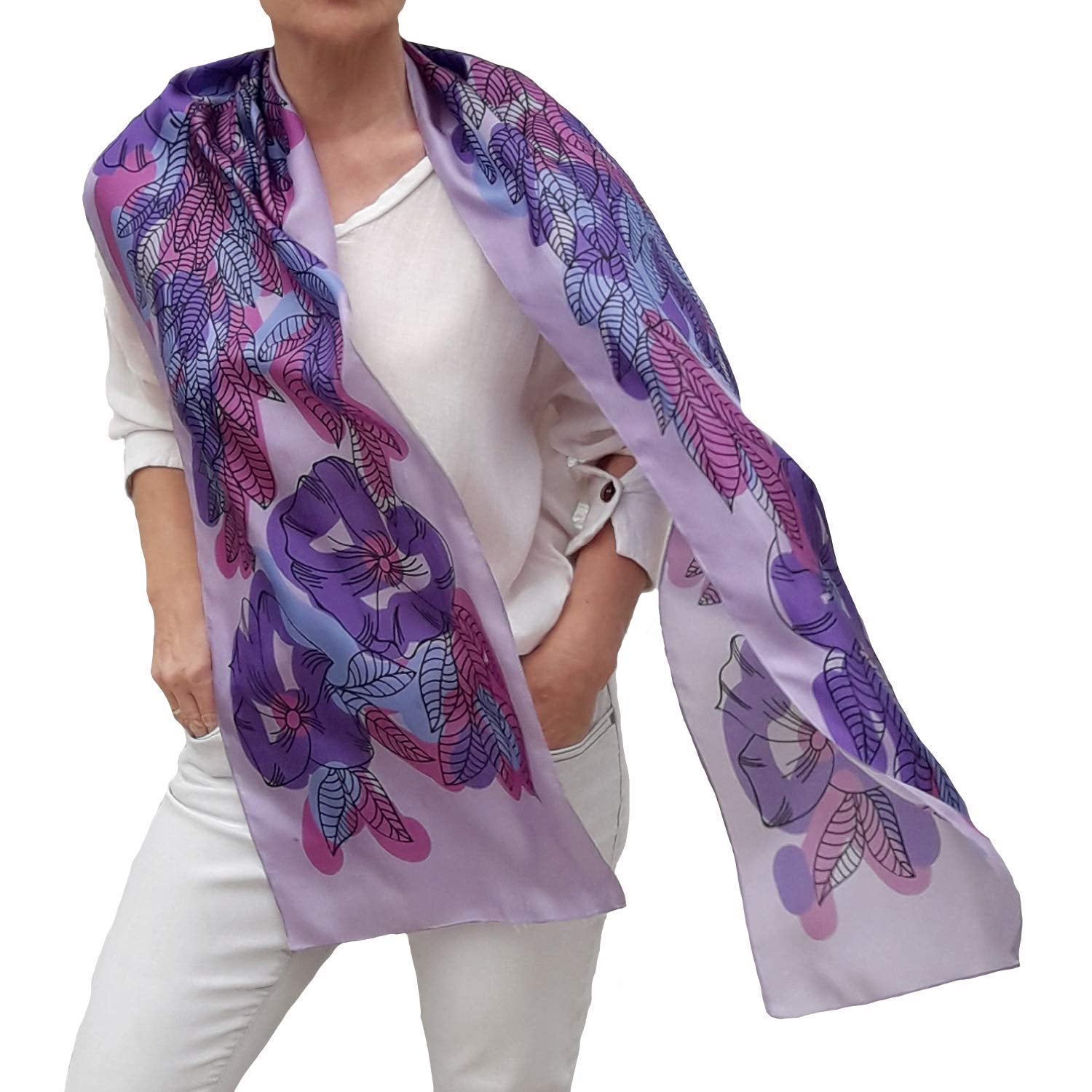Artistic Hand Painted Long Silk Scarf for Women Fashion Boho Wrap Floral Patterns Trendy Purple Pink Neck Scarfs Unique Designer Shawl Womens Birthday Gift Mother Day Gift Handmade Gifts for Her Apparel & Accessories > Clothing Accessories > Scarves & Shawls Generic   
