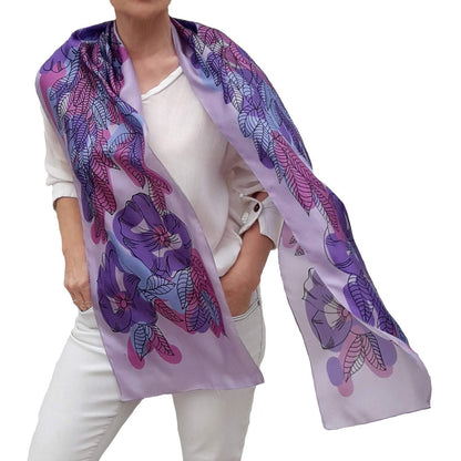 Artistic Hand Painted Long Silk Scarf for Women Fashion Boho Wrap Floral Patterns Trendy Purple Pink Neck Scarfs Unique Designer Shawl Womens Birthday Gift Mother Day Gift Handmade Gifts for Her Apparel & Accessories > Clothing Accessories > Scarves & Shawls Generic   