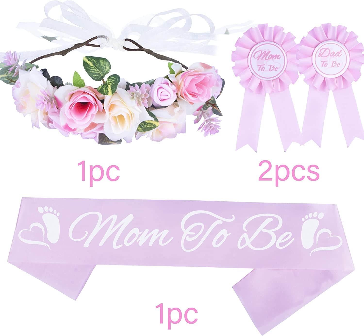 Baby Shower Decoration for Mom to Be and Dad to Be, Pink Flowers Style Tiara + White & Pink Sash + White & Pink "Dad to Be" Pin, Maternity Christmas Gift for Her Nd Him Apparel & Accessories > Clothing Accessories > Sashes VeryMerryMakering   