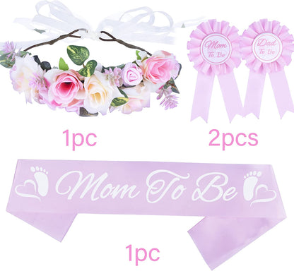 Baby Shower Decoration for Mom to Be and Dad to Be, Pink Flowers Style Tiara + White & Pink Sash + White & Pink "Dad to Be" Pin, Maternity Christmas Gift for Her Nd Him Apparel & Accessories > Clothing Accessories > Sashes VeryMerryMakering   