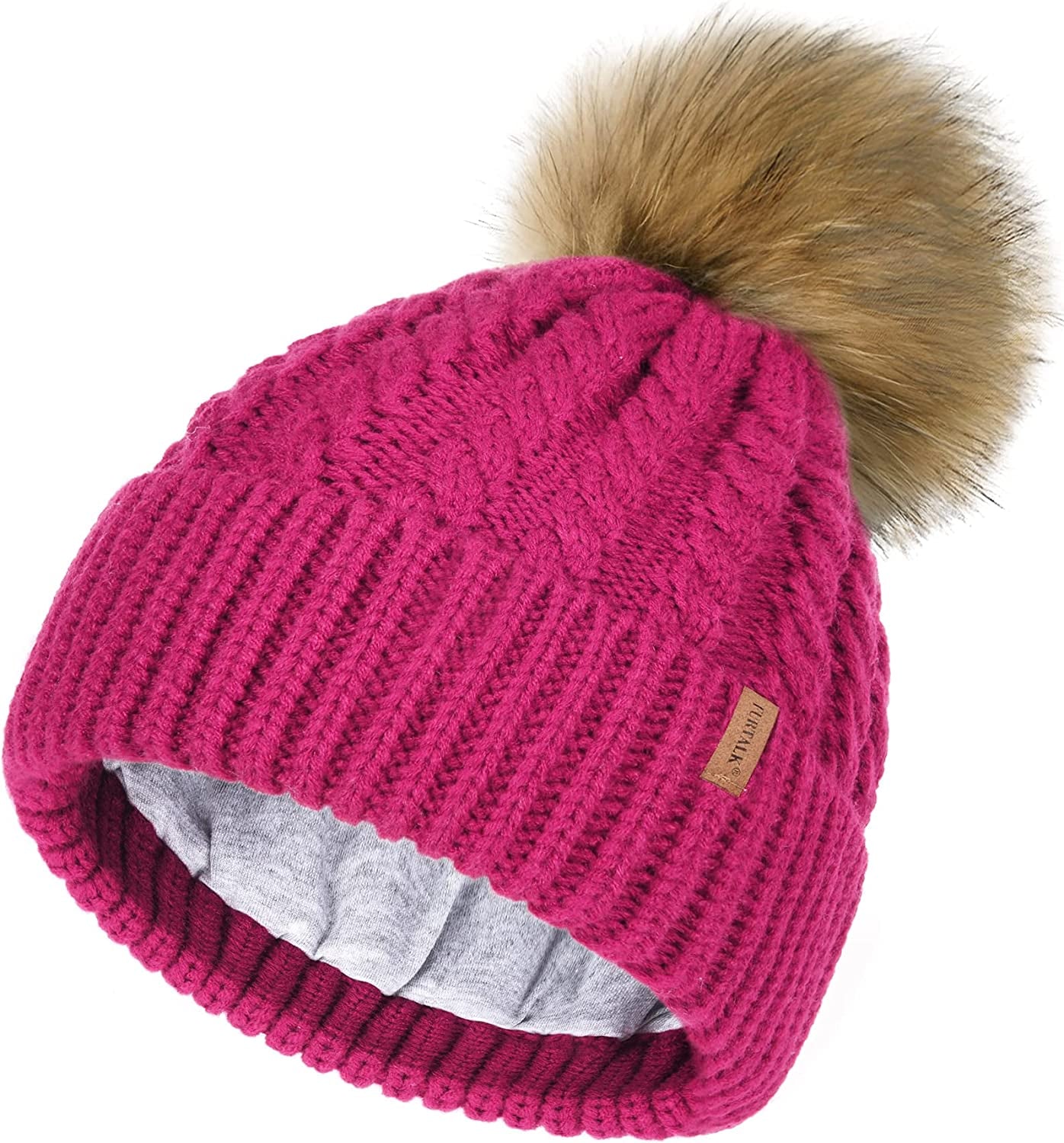 FURTALK Winter Beanie Hat for Women Cotton Lined Faux Fur Pom Pom Hats Womens Warm Thick Knit Skull Cap Apparel & Accessories > Clothing Accessories > Hats KYLIE MAX 37 Garnet Red One Size 