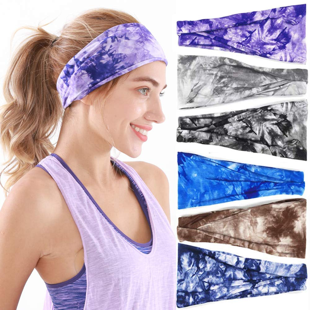 Headbands for Women, 6 PCS Yoga Running Sports Headbands Tie Dye Boho Pattern Elastic Non Slip Sweat Workout Hair Fashion Bands for Girls Apparel & Accessories > Clothing Accessories > Bandanas & Headties OFFTESTY Headbands Color-8  
