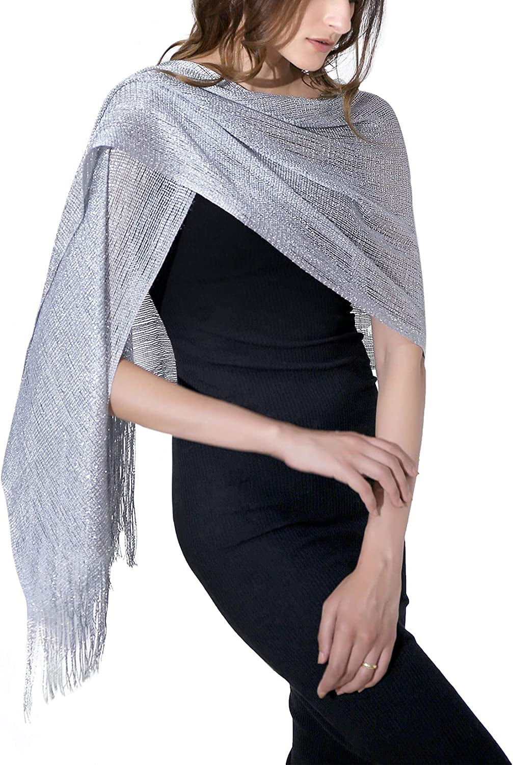 Missshorthair Women'S Sparkle Shawls and Wraps with Buckle for Wedding Party Dresses Apparel & Accessories > Clothing Accessories > Scarves & Shawls MissShorthair 2 Metallic Silver Gray  
