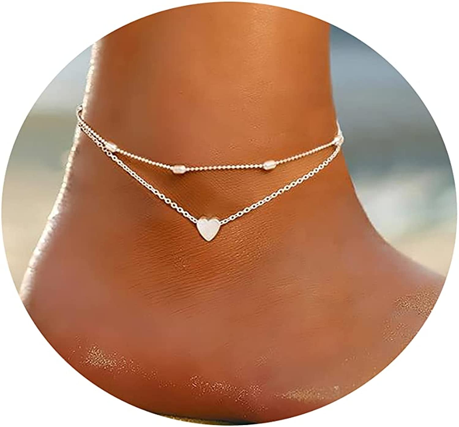 Tasiso 14K Gold Plated Layered Satellite Beads Heart Anklets Layering Rhinestone Cubic Zirconia Ankle Bracelets for Women Minimalist Summer Beach Foot Chain Ankle Jewelry Gifts Apparel & Accessories > Jewelry > Anklets Tasiso Layered anklet Silver  