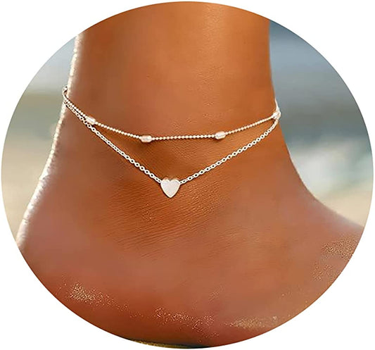 Tasiso 14K Gold Plated Layered Satellite Beads Heart Anklets Layering Rhinestone Cubic Zirconia Ankle Bracelets for Women Minimalist Summer Beach Foot Chain Ankle Jewelry Gifts Apparel & Accessories > Jewelry > Anklets Tasiso Layered anklet Silver  