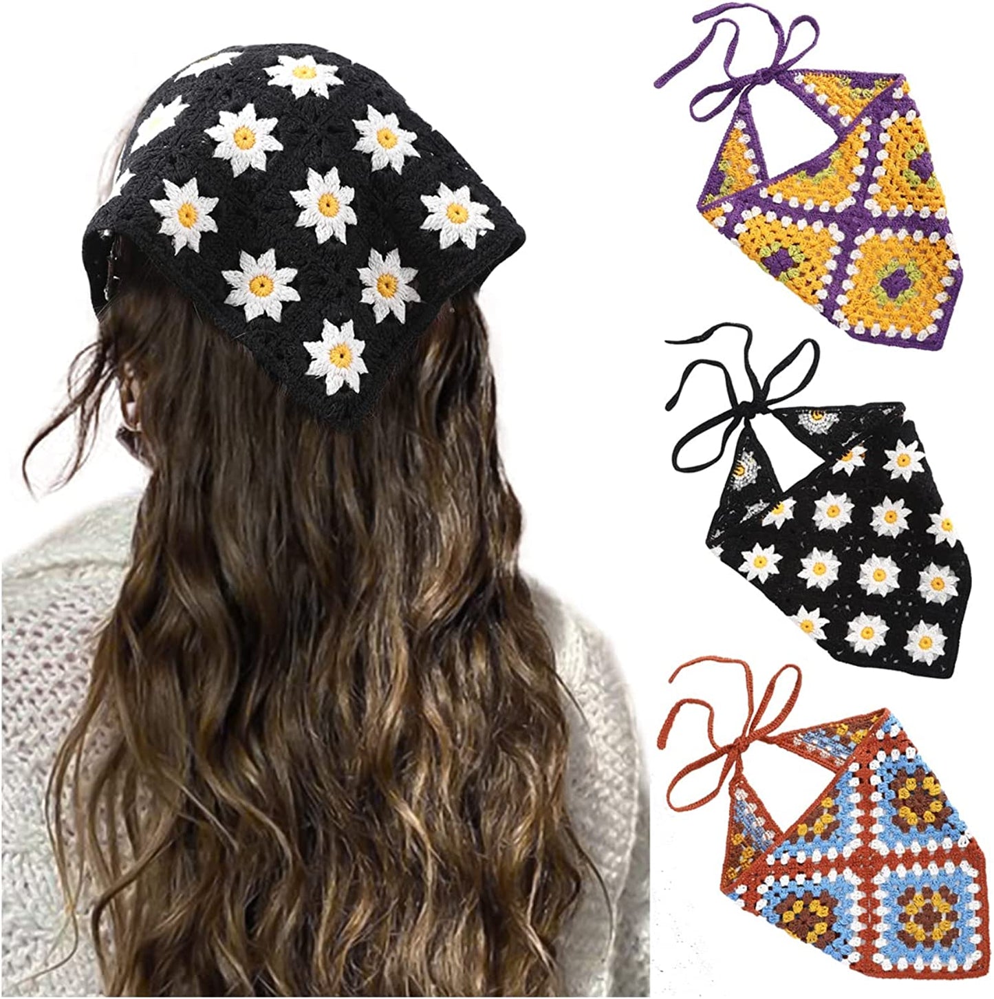Floral Crochet Hair Bandanas Headscarf- HAIMEIKANG 2 PCS Women Hair Scarf Daisy Headband Vintage Head Kerchief for Girls Apparel & Accessories > Clothing Accessories > Bandanas & Headties HAIMEIKANG Black+Purple+Dark coffee  