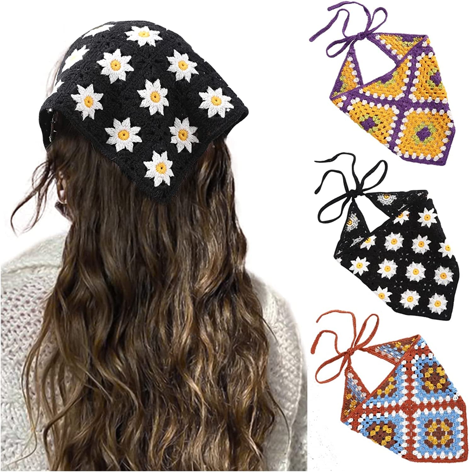 Floral Crochet Hair Bandanas Headscarf- HAIMEIKANG 2 PCS Women Hair Scarf Daisy Headband Vintage Head Kerchief for Girls Apparel & Accessories > Clothing Accessories > Bandanas & Headties HAIMEIKANG Black+Purple+Dark coffee  