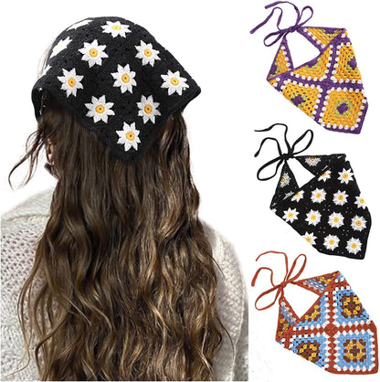 Floral Crochet Hair Bandanas Headscarf- HAIMEIKANG 2 PCS Women Hair Scarf Daisy Headband Vintage Head Kerchief for Girls Apparel & Accessories > Clothing Accessories > Bandanas & Headties HAIMEIKANG Black+Purple+Dark coffee  