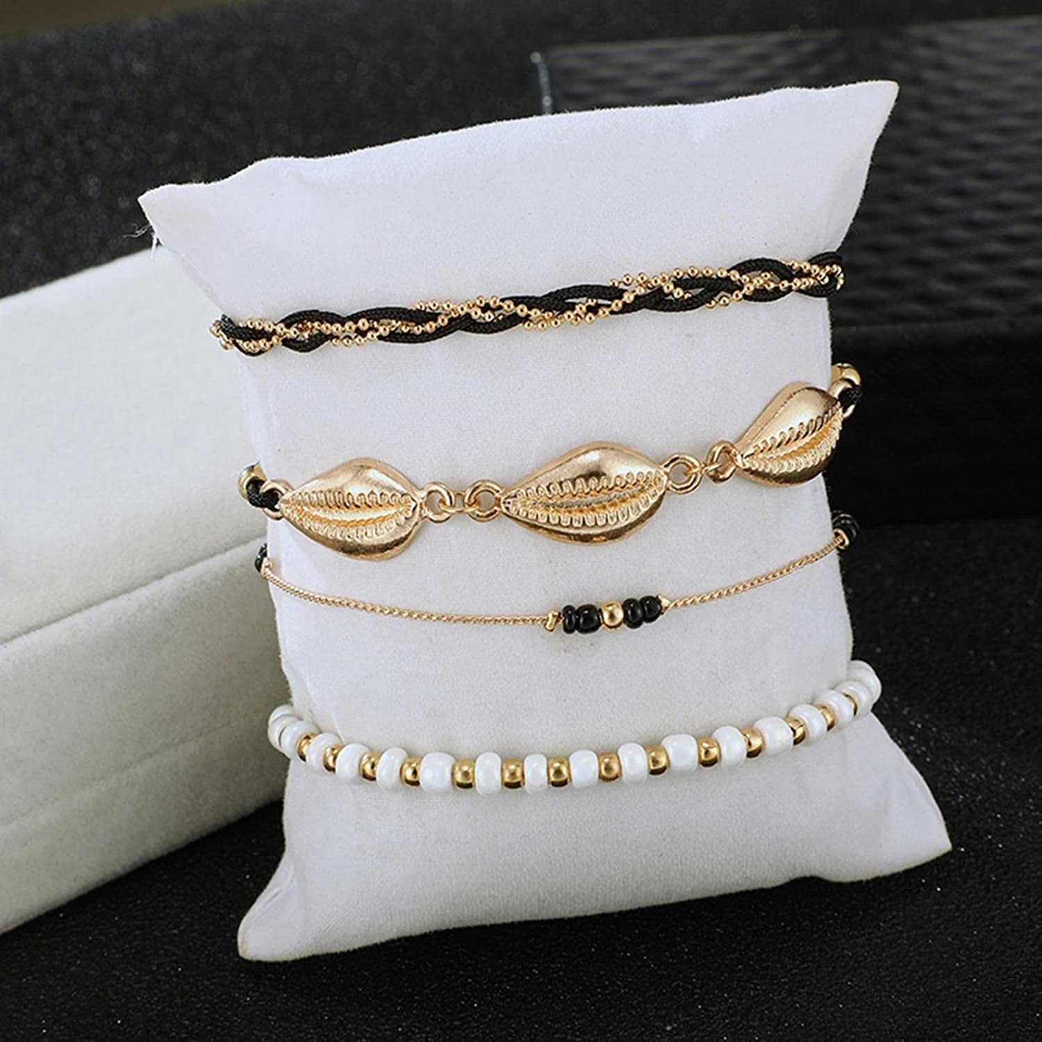 Bohemia Shell Charm Pendant Anklet Set, 4Pcs String Pearl Beaded Gold Ankle Bracelet, Beaded Foot Chain Beach Foot Jewelry Accessories for Women and Teen Girls Apparel & Accessories > Jewelry > Anklets Generic   