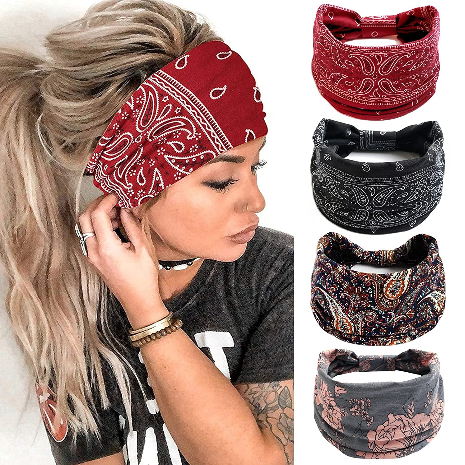 Wide Headbands for Women Black Stylish Head Wraps Boho Thick Hairbands Large African Sport Yoga Turban Headband Hair Accessories (Pack of 4) Apparel & Accessories > Clothing Accessories > Bandanas & Headties Huachi Printed  
