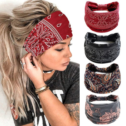 Wide Headbands for Women Black Stylish Head Wraps Boho Thick Hairbands Large African Sport Yoga Turban Headband Hair Accessories (Pack of 4) Apparel & Accessories > Clothing Accessories > Bandanas & Headties Huachi Printed  