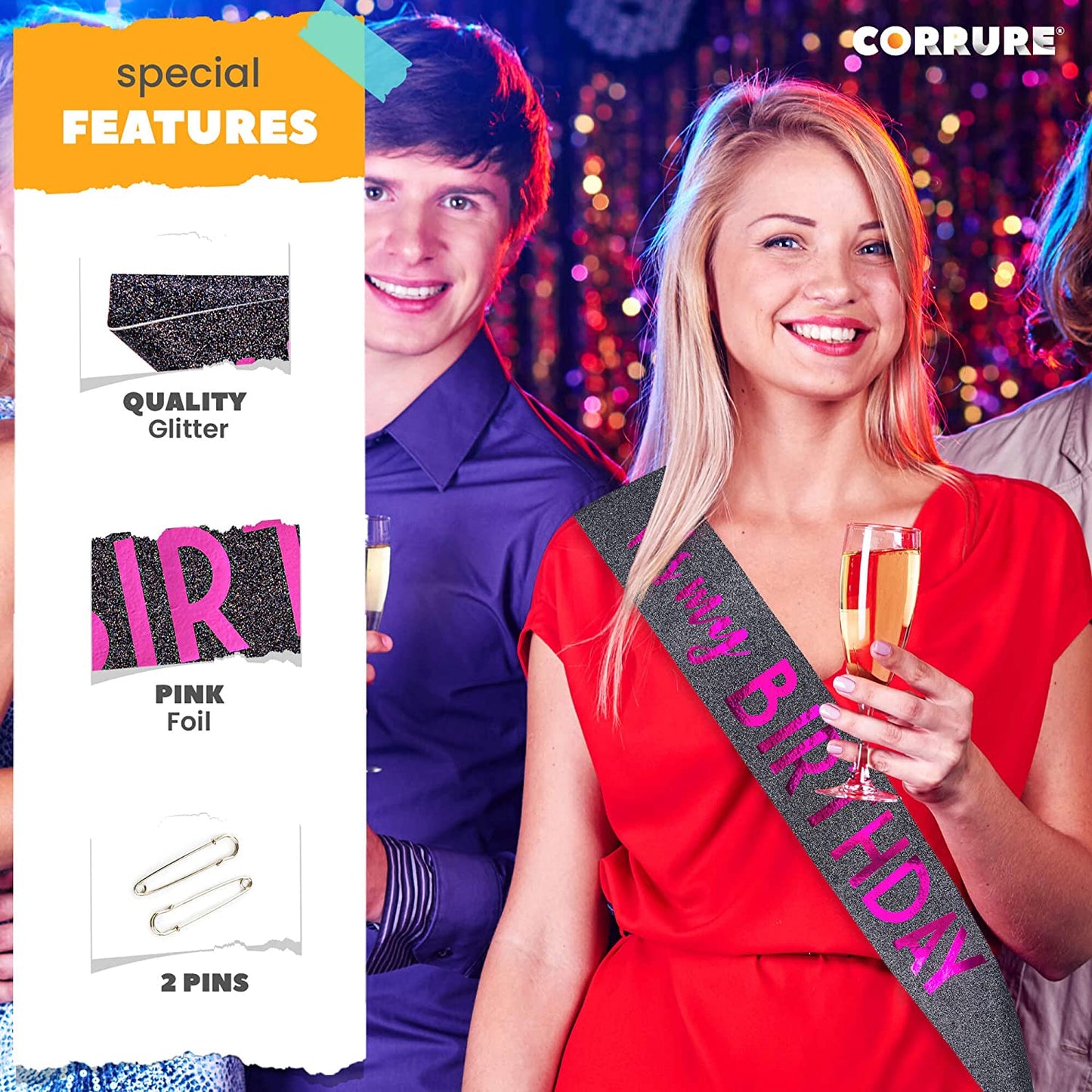 CORRURE 'It'S My Birthday' Sash Glitter with Pink Foil - Black Glitter Happy Birthday Sash for Women - Party Favors Supplies and Decorations for Sweet 16, 18Th 21St 30Th 40Th or Any Bday Party Apparel & Accessories > Clothing Accessories > Sashes CORRURE   