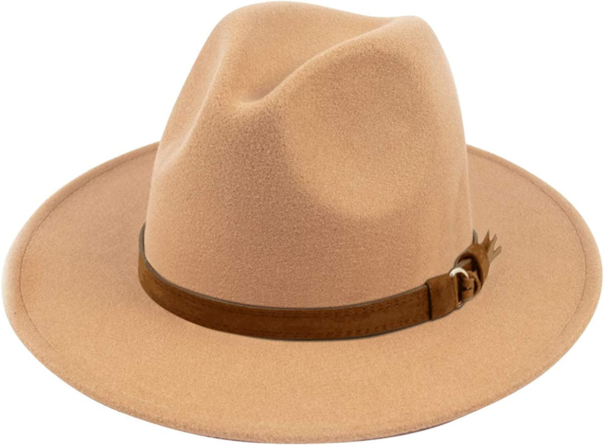 Lanzom Womens Classic Wide Brim Floppy Panama Hat Belt Buckle Wool Fedora Hat Apparel & Accessories > Clothing Accessories > Hats Lanzom Z Buckle Belt-camel One Size 