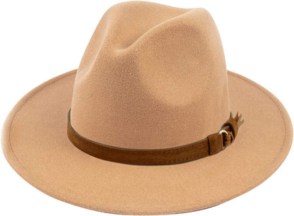 Lanzom Womens Classic Wide Brim Floppy Panama Hat Belt Buckle Wool Fedora Hat Apparel & Accessories > Clothing Accessories > Hats Lanzom Z Buckle Belt-camel One Size 