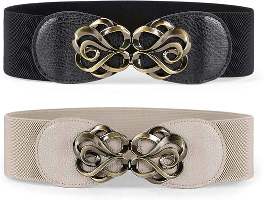 JASGOOD Women Stretchy Belt for Dresses Vintage Elastic Wide Waist Belt Apparel & Accessories > Clothing Accessories > Belts KYLIE MAX D-black+deep Beige Suit for waist size 28"-35" 
