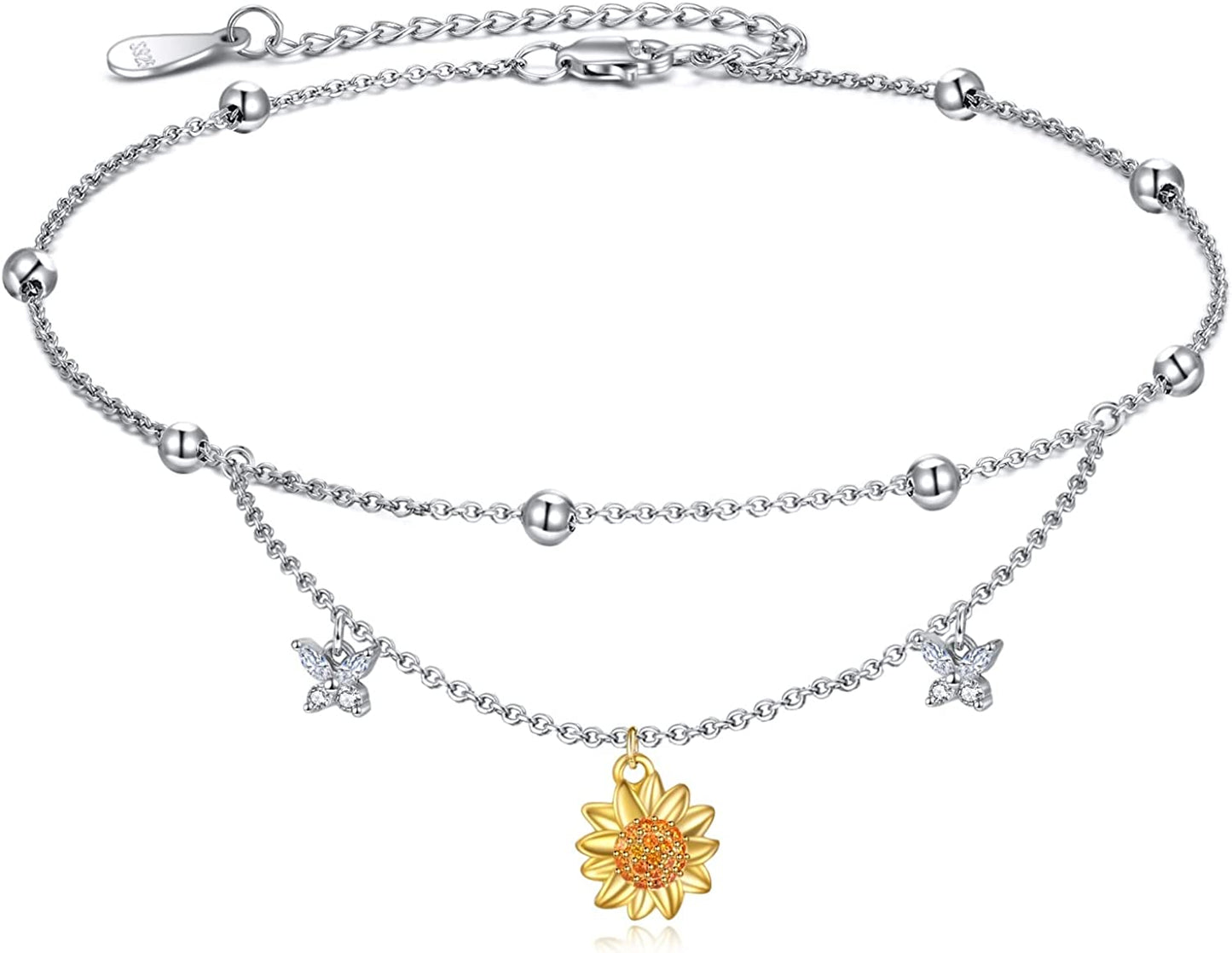 Evil Eye/Hamsa/Moon Star/Sunflower/Cross/Sea Turtle Ankle Bracelet 925 Sterling Silver Adjustable Anklets Jewelry Gifts for Women Apparel & Accessories > Jewelry > Anklets MONGAS Sunflower  