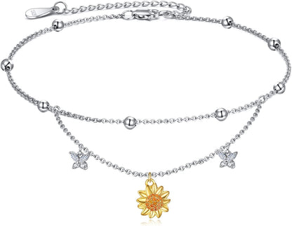Evil Eye/Hamsa/Moon Star/Sunflower/Cross/Sea Turtle Ankle Bracelet 925 Sterling Silver Adjustable Anklets Jewelry Gifts for Women Apparel & Accessories > Jewelry > Anklets MONGAS Sunflower  