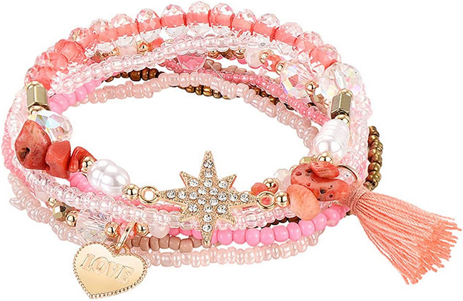 Mengpa Stackable Beaded Bracelets for Women Girls Bohemian Layering Strand Statement Jewelry Apparel & Accessories > Jewelry > Bracelets MengPa Pink-Love  