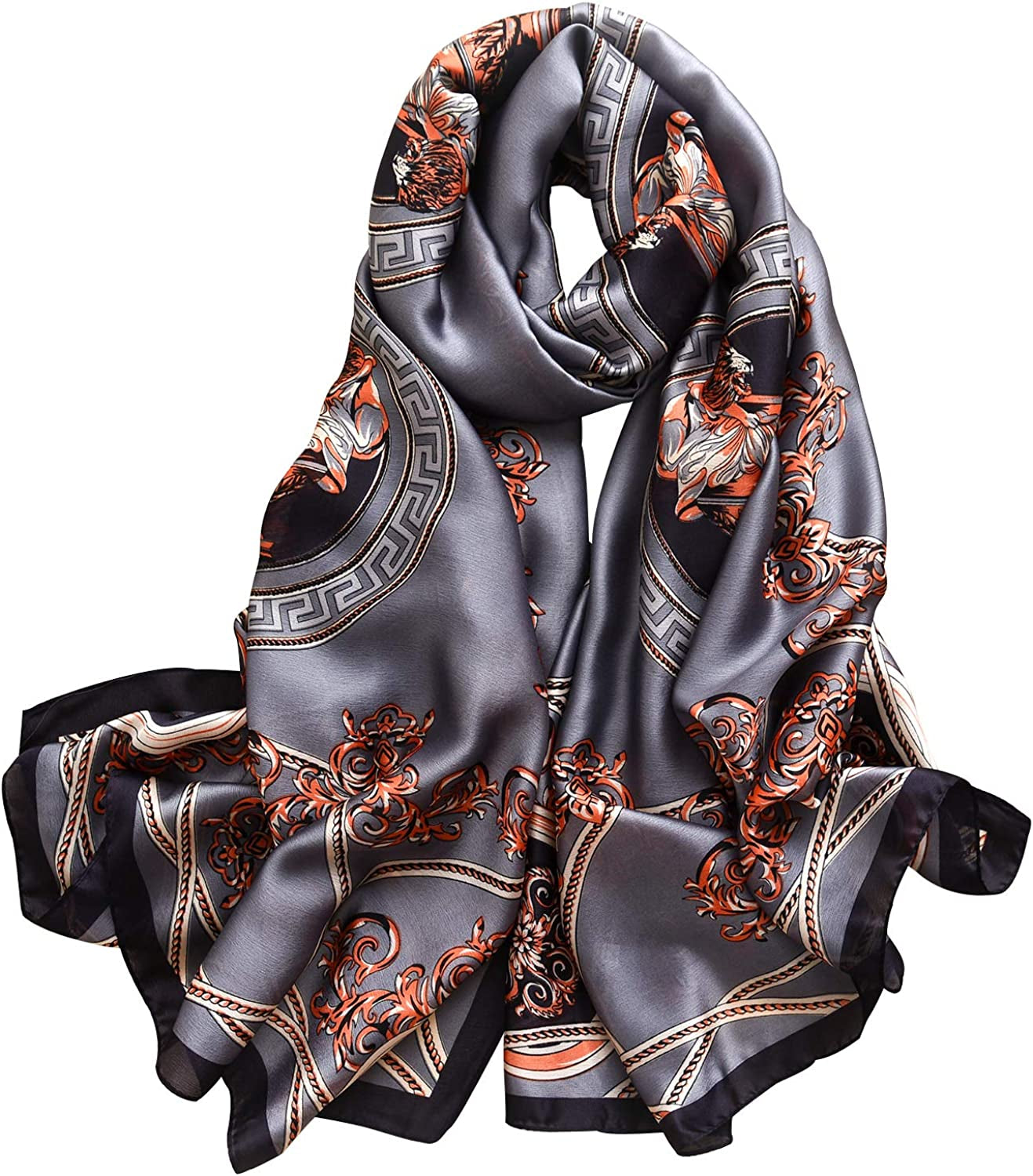 NUWEERIR Womens 100% Large Mulberry Silk Scarf Long Satin Scarf Fashion Designer Scarf Lightweight Wraps Apparel & Accessories > Clothing Accessories > Scarves & Shawls NUWEERIR Gray Floral  
