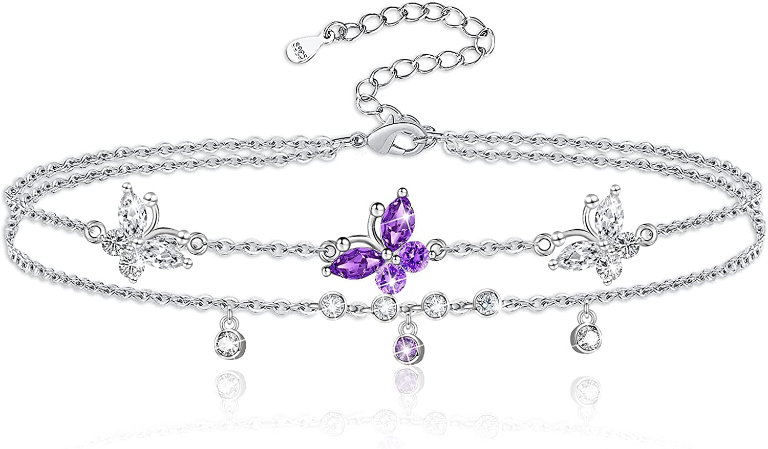 ATTRACTTO Butterfly Anklet Bracelets for Women 925 Sterling Silver Layered Anklets for Sea Beach Foot Ankle for Teen Girls Wife Girlfriend Mother Apparel & Accessories > Jewelry > Anklets ATTRACTTO A-Purple Butterfly Anklet  