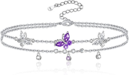 ATTRACTTO Butterfly Anklet Bracelets for Women 925 Sterling Silver Layered Anklets for Sea Beach Foot Ankle for Teen Girls Wife Girlfriend Mother Apparel & Accessories > Jewelry > Anklets ATTRACTTO A-Purple Butterfly Anklet  