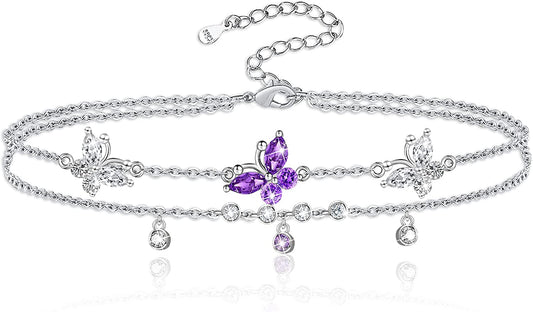 ATTRACTTO Butterfly Anklet Bracelets for Women 925 Sterling Silver Layered Anklets for Sea Beach Foot Ankle for Teen Girls Wife Girlfriend Mother Apparel & Accessories > Jewelry > Anklets ATTRACTTO A-Purple Butterfly Anklet  
