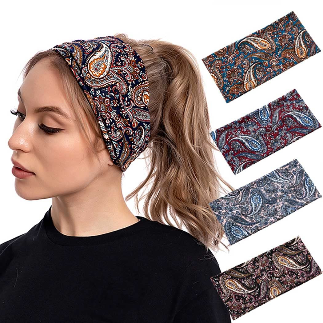 Urieo Boho Headbands Stretch Paisley Print Bandana Headband Criss Cross Hair Bands Knotted Head Wrap Yoga Daily for Women and Girls (Pack of 4) (A) Apparel & Accessories > Clothing Accessories > Bandanas & Headties Urieo E  