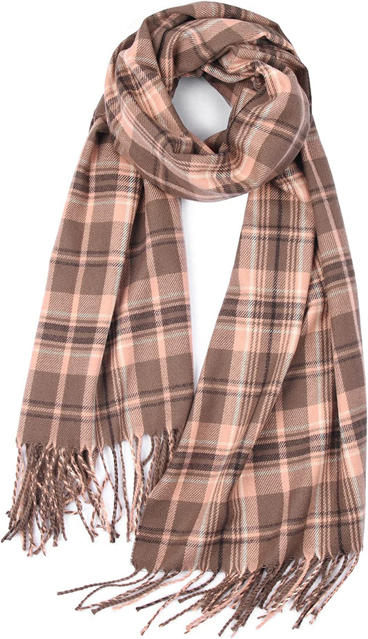 Winter Scarf for Women Shawl Cashmere Feel Tassel Plaid Large Oversized Scarves Wraps Apparel & Accessories > Clothing Accessories > Scarves & Shawls KYLIE MAX Brown Pink  