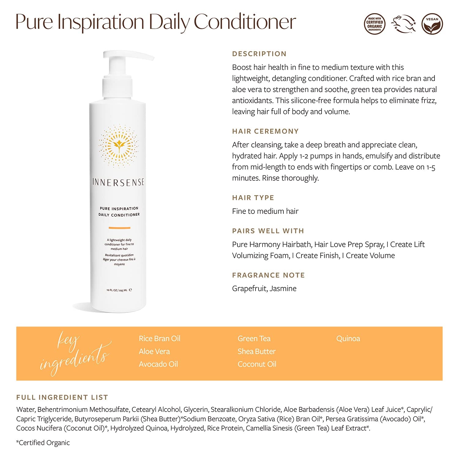 Innersense Organic Beauty - Natural Pure Inspiration Daily Conditioner | Non-Toxic, Cruelty-Free, Clean Haircare (10Oz) Health & Beauty > Personal Care > Hair Care INNERSENSE   