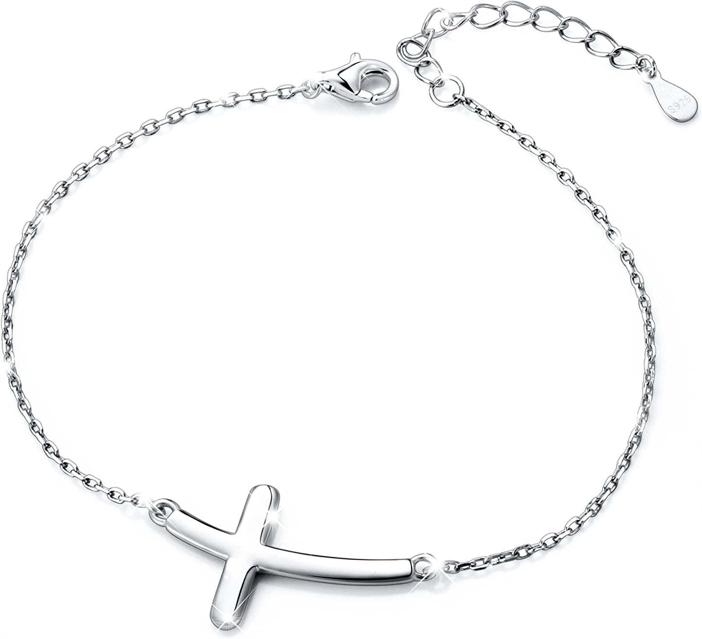 ATHENAA S925 Sterling Silver Concise Sideways Cross Pendant Necklace Bracelet Anklet Apparel & Accessories > Jewelry > Anklets ATHENAA Jewelry Factory A-Bracelet 7+2"  