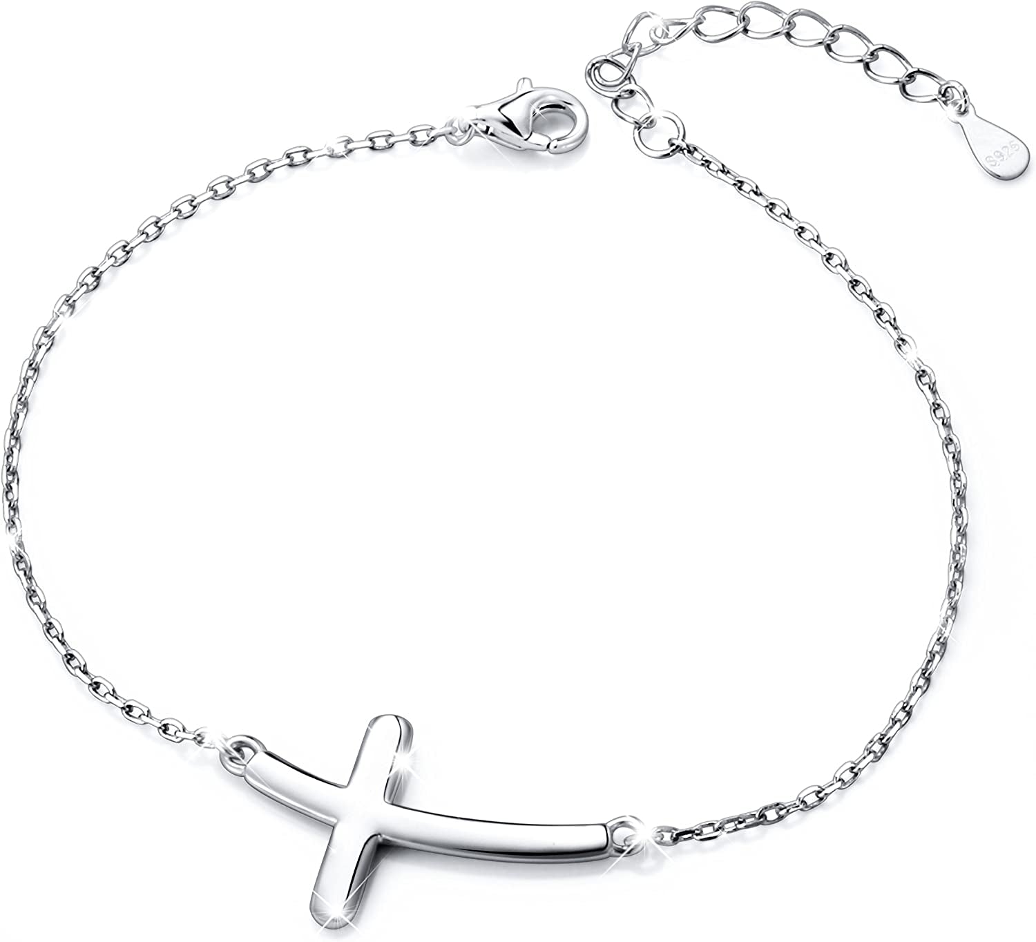 ATHENAA S925 Sterling Silver Concise Sideways Cross Pendant Necklace Bracelet Anklet Apparel & Accessories > Jewelry > Anklets ATHENAA Jewelry Factory A-Bracelet 7+2"  