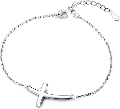 ATHENAA S925 Sterling Silver Concise Sideways Cross Pendant Necklace Bracelet Anklet Apparel & Accessories > Jewelry > Anklets ATHENAA Jewelry Factory A-Bracelet 7+2"  