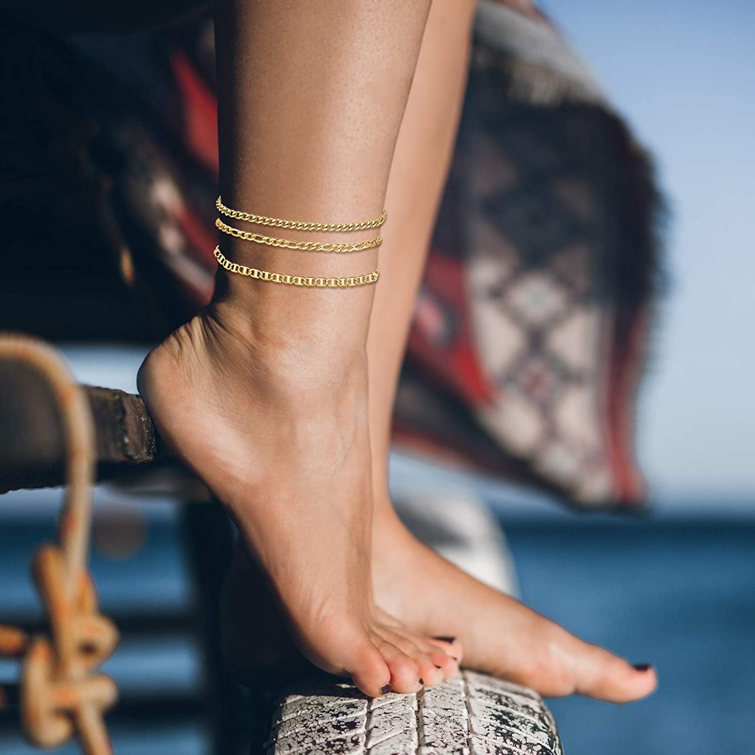 Jstyle 3Pcs Gold Anklet for Women Figaro/Herringbone/Cuban/Paperclip Link Chain Ankle Bracelet Adjustable Beach Foot Jewelry Apparel & Accessories > Jewelry > Anklets Jstyle   