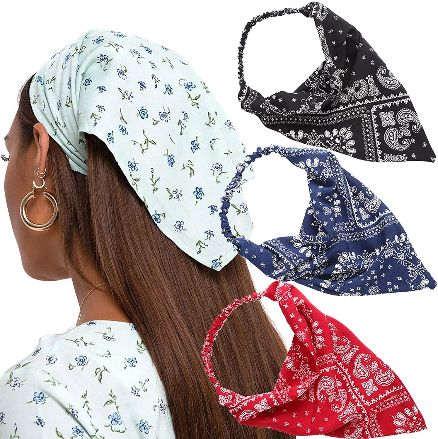 Floral Elastic Hair Scarf Headband - 3 PCS Chiffon Head Kerchief Headband Floral Hair Scarves with Hair Clips Hair Bandanas Apparel & Accessories > Clothing Accessories > Bandanas & Headties AWAYTR Cashew(Black/Navy/Red)  