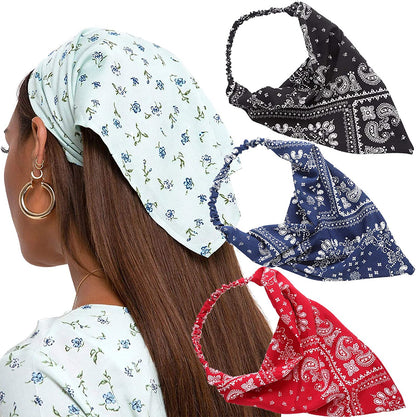Floral Elastic Hair Scarf Headband - 3 PCS Chiffon Head Kerchief Headband Floral Hair Scarves with Hair Clips Hair Bandanas Apparel & Accessories > Clothing Accessories > Bandanas & Headties AWAYTR Cashew(Black/Navy/Red)  