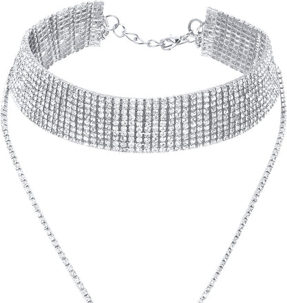 Meekoo 2 Pieces Rhinestone Tassel Choker Necklace Multi-Layer Wide Collar Necklaces Tassel Chain Necklaces for Women Girls Favor Apparel & Accessories > Jewelry > Necklaces meekoo   