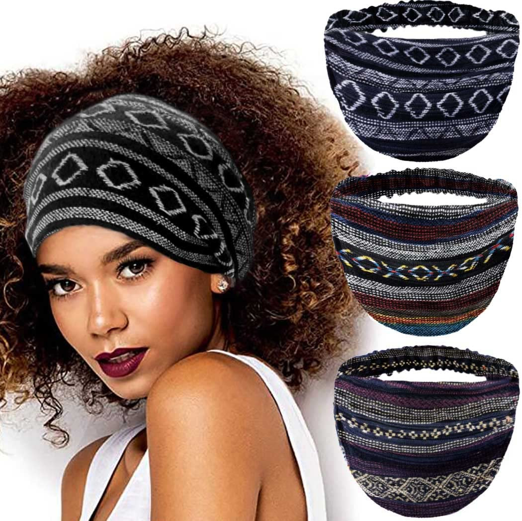 CAKURE Boho Wide Headbands African Head Wraps Stretchy Hairbands Stripe Turban Head Bands for Women and Girls Pack of 3 (Set1) Apparel & Accessories > Clothing Accessories > Bandanas & Headties CAKURE Set2b  
